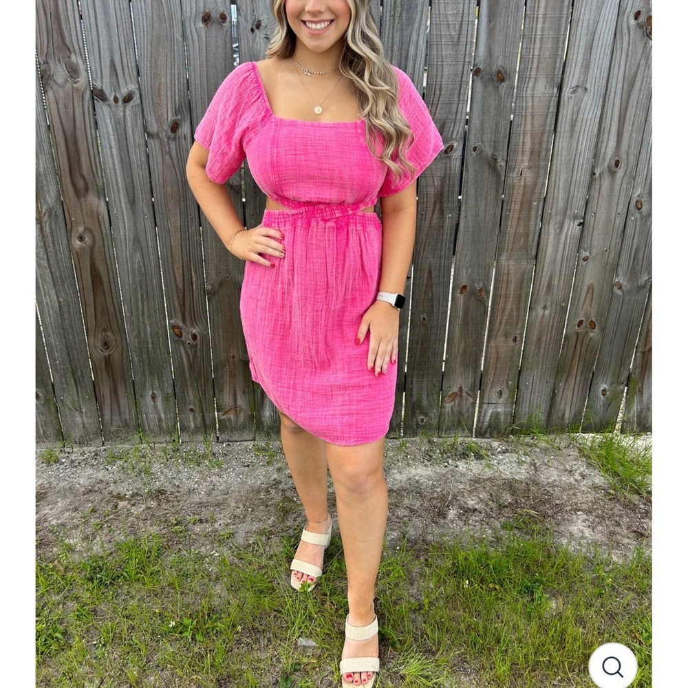 NWT Simply Southern Pink Gauze Cutout Coastal Cottagecore Smocked Waist Dress XL
